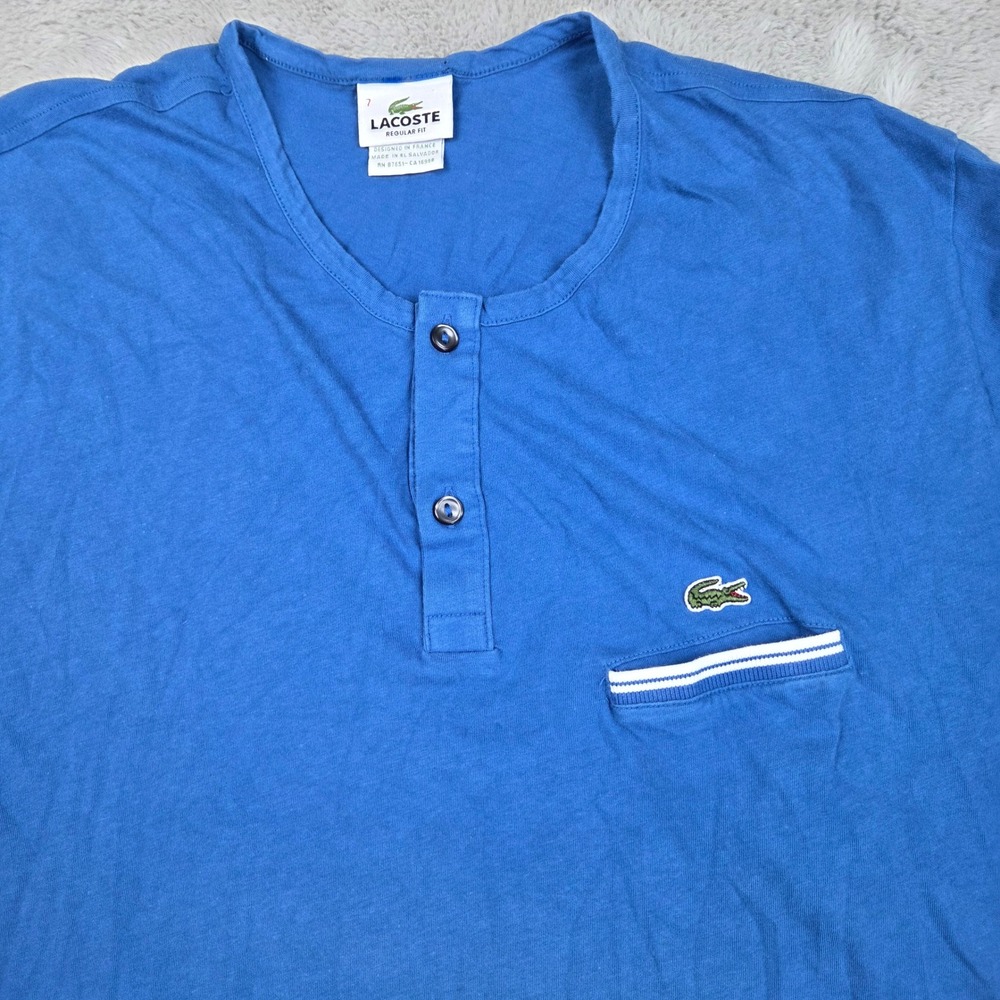 Lacoste Henley T-Shirt Mens Sz 7 XL Short Sleeve Pocket Logo Regular Fit Blue